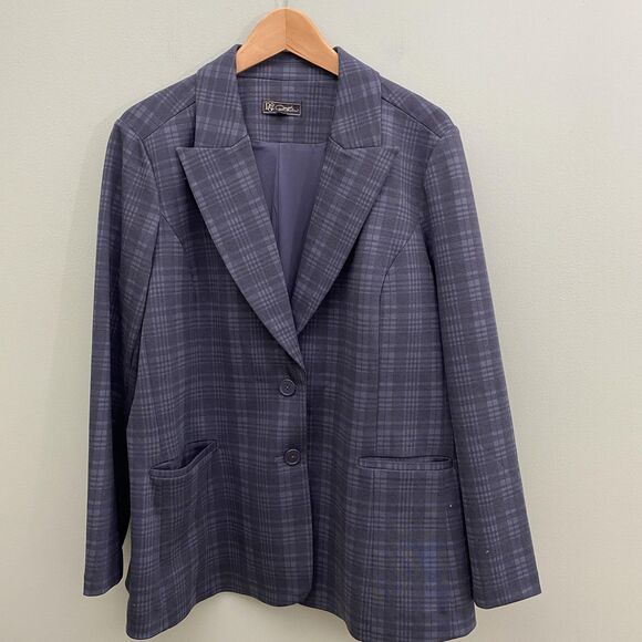 DG2 Diane Gilman Blazer Womens Large Gray Plaid Two Button Stretch Lined Jacket - Picture 1 of 13